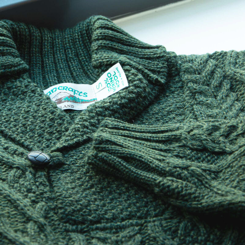 100% Merino Wool Aran Shawl Collar Aran Green Sweater